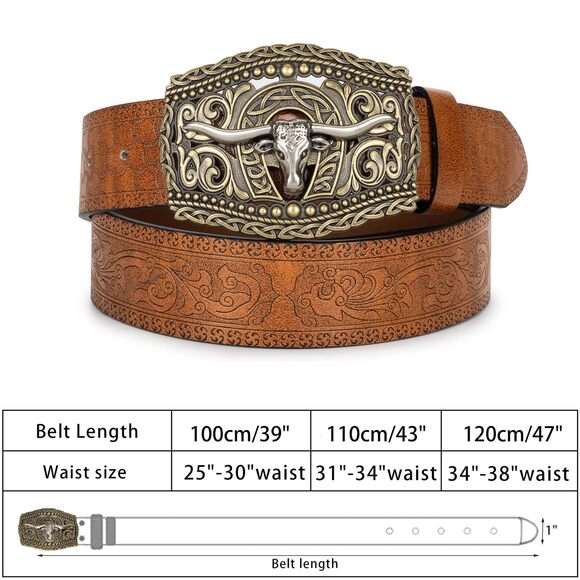 Western-cowboy-cowgirl-belt - Longhorn-bull-pattern-engraved-belt Pu Leather😄 - Picture 7 of 7